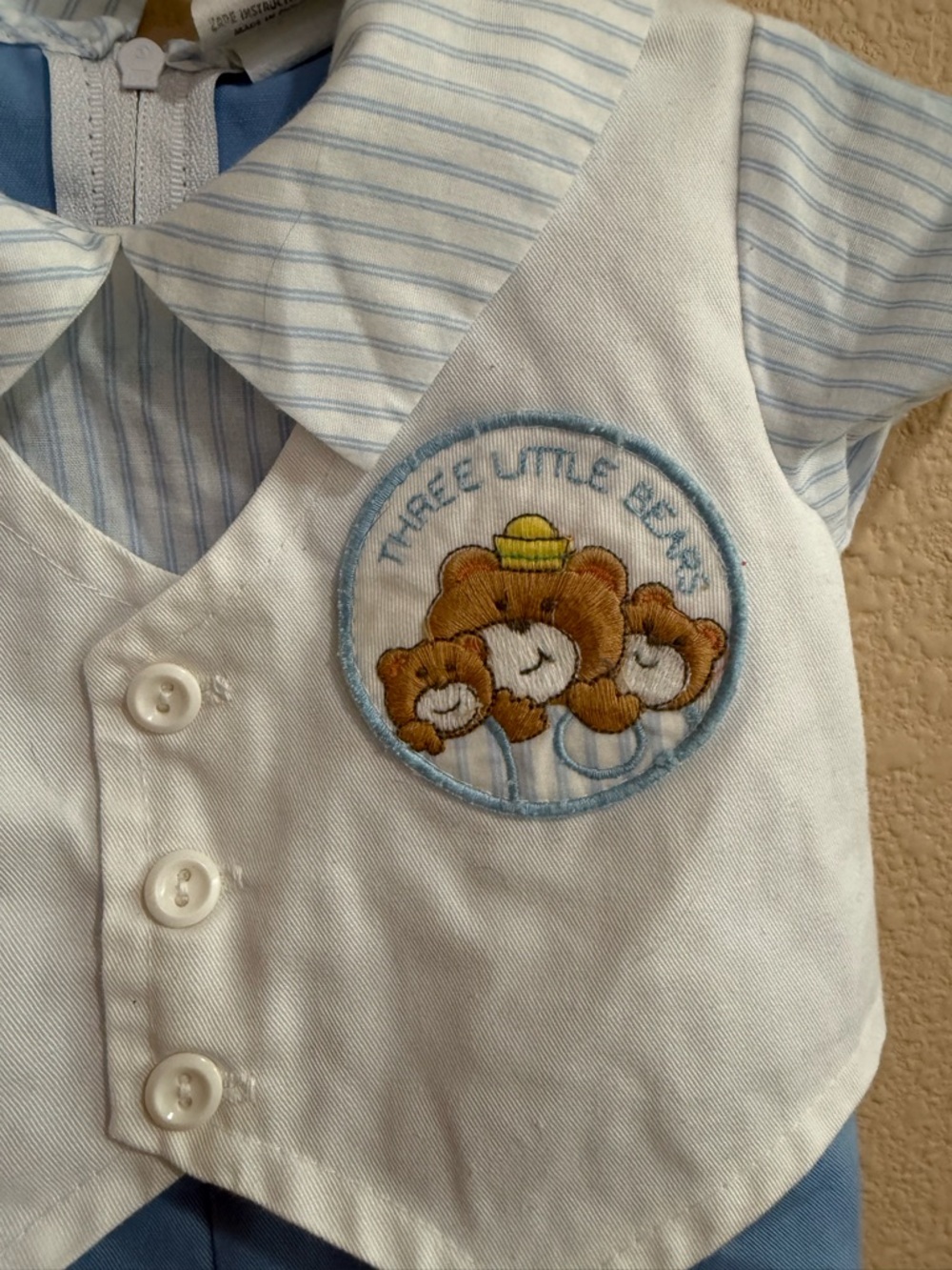 Vintage 3-6month Blue & White Baby Romper with Three Little Bears Patch - Picture 2 of 4